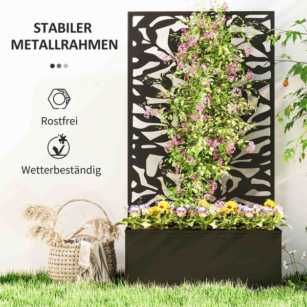 Pflanzkasten mit integriertem Sichtschutz aus Metall, lasergeschnittenes Muster, rostfrei und wetterbeständig, bepflanzt mit Kletterpflanzen.