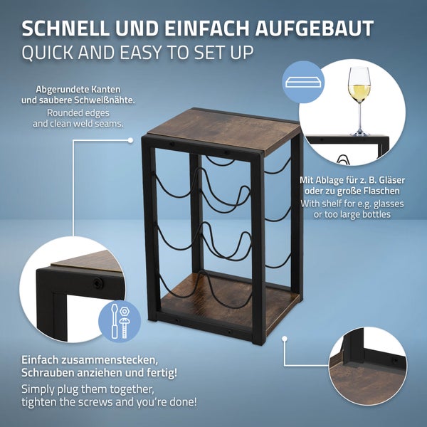 ML-Design Weinregal für 6 Flaschen, 24x21x37,5 cm, Vintage, Freistehendes Flaschenregal aus Holz & Metall, Wein Halter klein, Flaschenhalter Flaschenständer Weinständer Weinschrank Aufbewahrungsregal