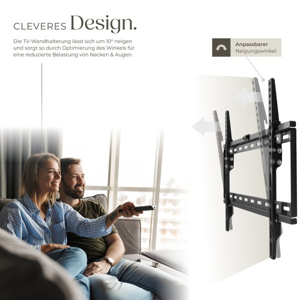 Demonstration einer neigbaren Fernsehwandhalterung mit zwei Personen im Hintergrund.