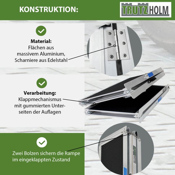 Tragbare Rampe von Trutzholm mit Flächen aus massivem Aluminium und Scharnieren aus Edelstahl, Klappmechanismus mit gummierten Unterseiten der Auflagen und zwei Bolzen zur Sicherung im eingeklappten Zustand