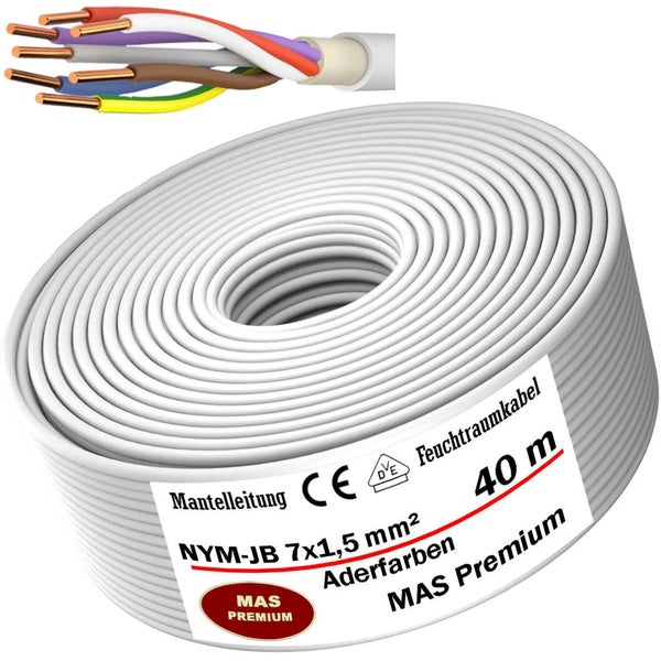 MAS Premium Mantelleitung NYM-J 7x1,5 mm² Feuchtraumkabel, 40 m Ring mit Detailansicht der sieben farbigen Adern.