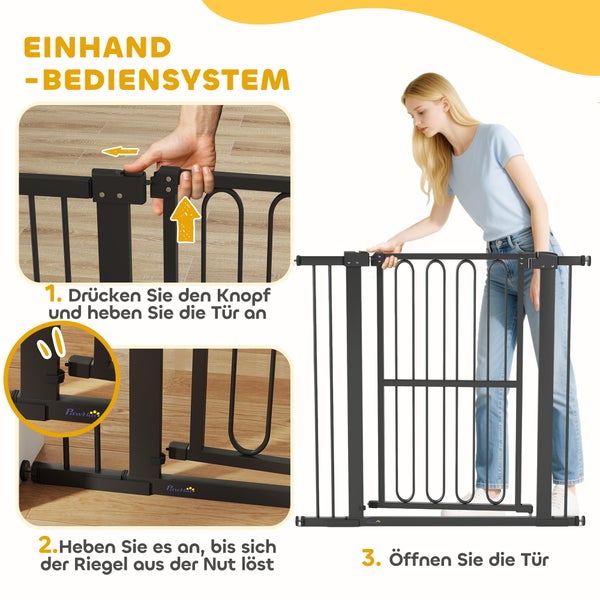Illustration einer Montageanleitung für ein Treppenschutzgitter mit Einhandbedienung.