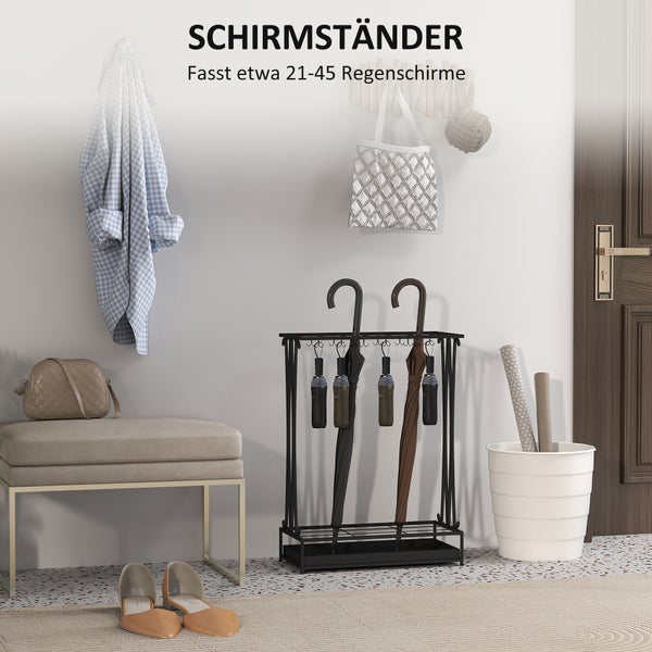 HOMCOM Regenschirmständer Stahl Schirmständer Rechteckiger Schirmhalter mit 24 Haken, 21 Löchern, herausnehmbare Wasserauffangschale für Gehstöcke & Regenschirme 50 x 24 x 68 cm Schwarz