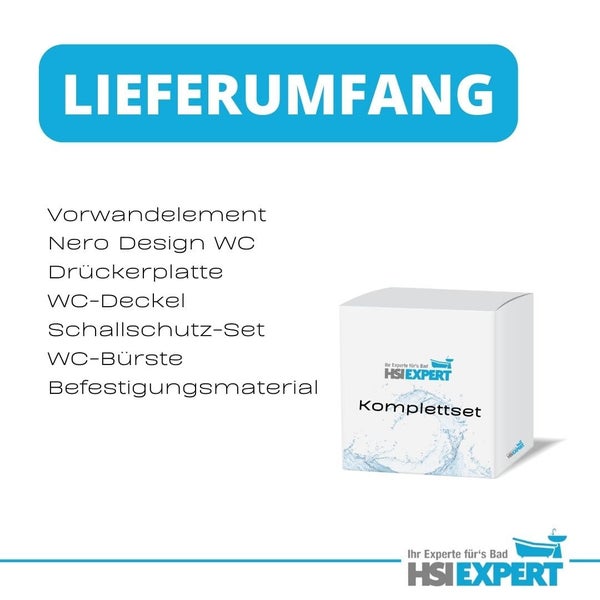 Lieferumfang eines Vorwandelement Komplettsets für ein Nero Design WC mit Drückerplatte, WC-Deckel, Schallschutz-Set, WC-Bürste und Befestigungsmaterial