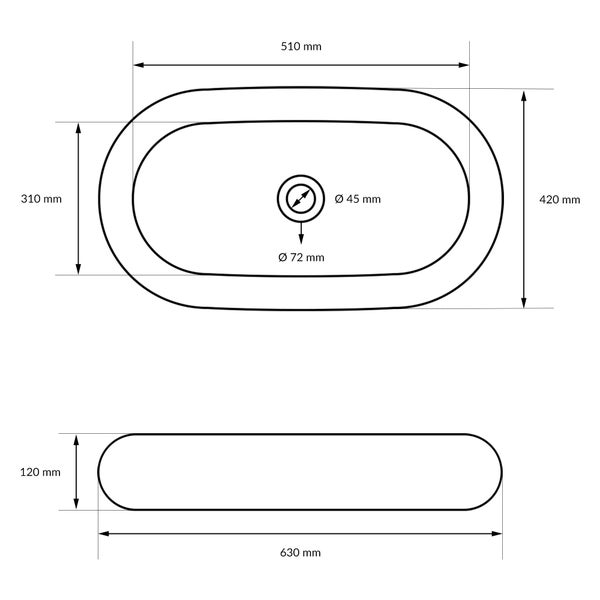 ECD Germany Waschbecken Waschtisch 630x420x120 mm inkl. Ablaufgarnitur für Waschbecken ohne Überlauf Keramik Oval Weiß Aufsatzbecken Aufsatzwaschbecken Waschschale Aufsatzwaschtisch Spülbecken Becken