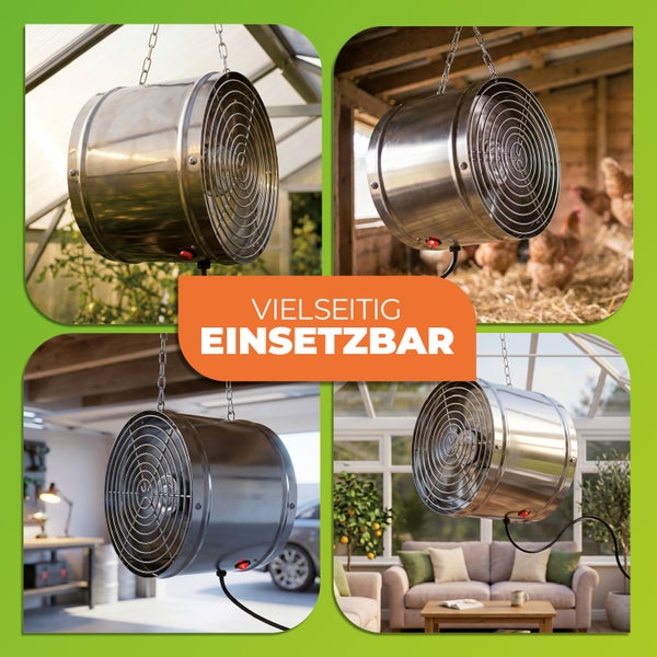 Edelstahl Heizlüfter hängend in vier Anwendungsszenarien: Gewächshaus, Hühnerstall, Garage und Wintergarten.