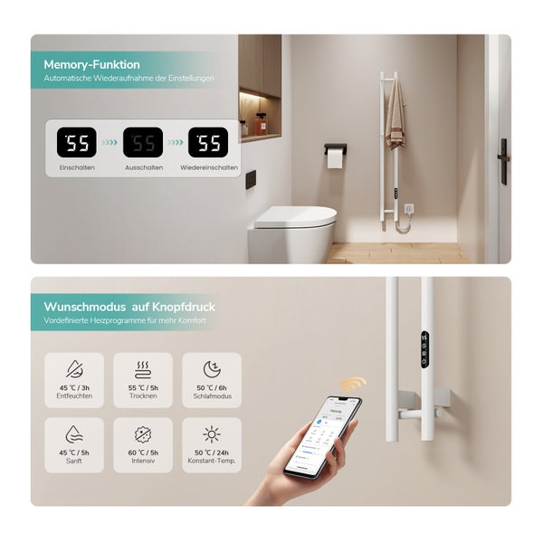 Modernes Badezimmer mit elektrischem Badheizkörper, Memory-Funktion und Smartphone-Steuerung für verschiedene Heizprogramme.