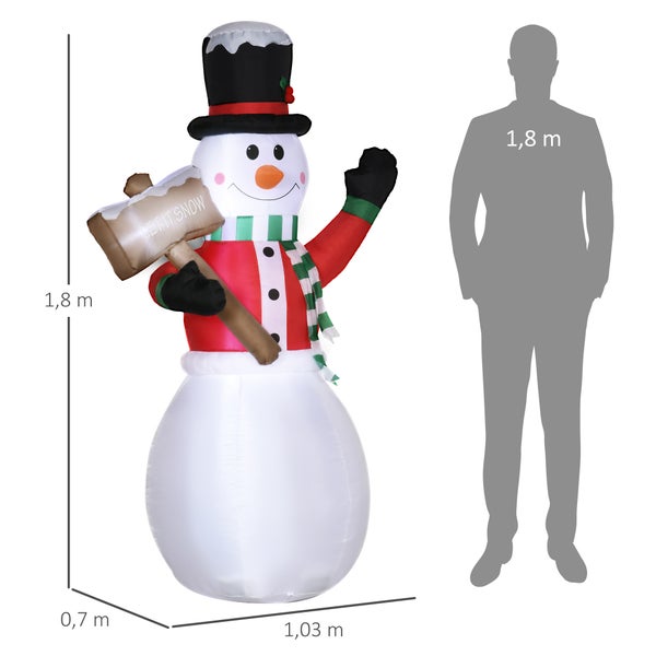 Outsunny Aufblasbarer Schneemann, 180 cm, mit Schild,  LED Licht, IP44, 103L x 70B x 180H cm, Polyester-Stoff, Weiß