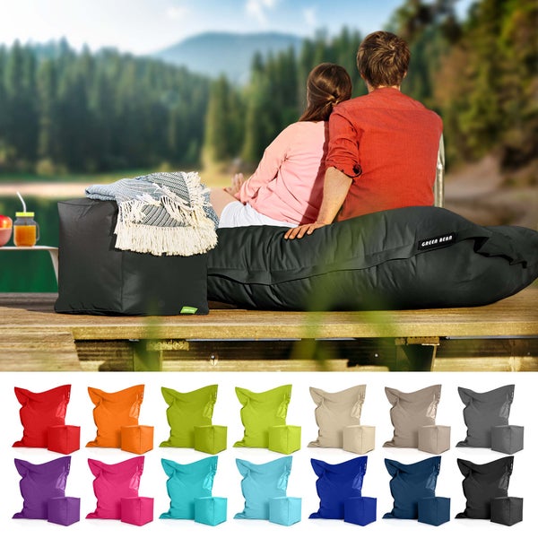 Green Bean 2er Set XXL Sitzsack inkl. Pouf fertig befüllt mit EPS-Perlen - Riesensitzsack 140x180 Lounge Sitz-Kissen Bean-Bag Chair  - Schwarz