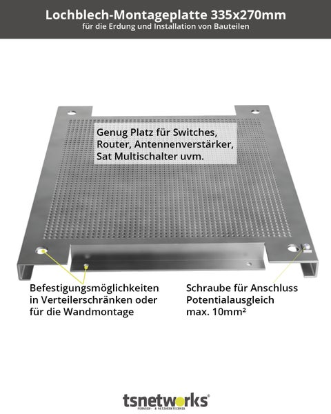 Lochblech Montageplatte 335x270mm für Erdung/Installation Antennenverstärker, Sat Multischalter, Elektro Montageblech, Lochrasterplatte