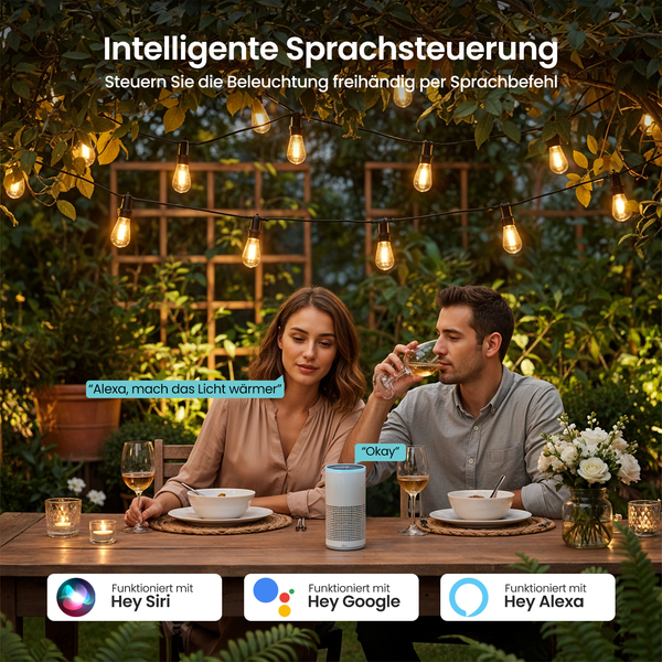 Szene mit sprachgesteuerter Beleuchtung im Garten, Tisch mit Speisen und Getränken, kompatibel mit verschiedenen Sprachassistenten