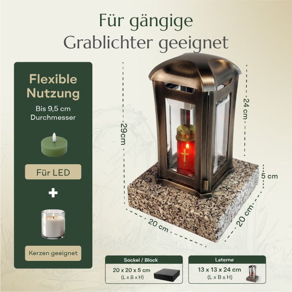 Grablicht Laterne auf Granitsockel inklusive Maßangaben und Eignung für Grabkerzen sowie LED Lichter bis 9,5 Zentimeter Durchmesser.