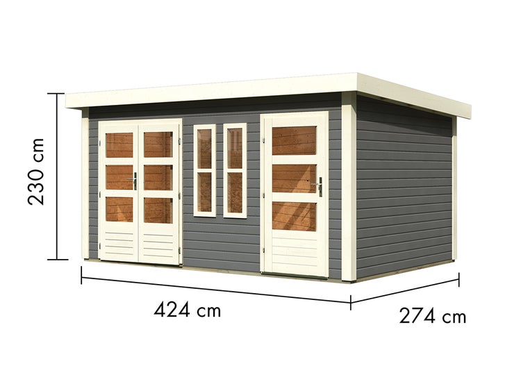 Gartenhaus aus Holz mit Flachdach, Doppeltür, Einzeltür und Fenstern. Maße: 424 Zentimeter Breite, 274 Zentimeter Tiefe, 230 Zentimeter Höhe.