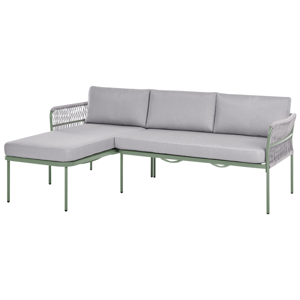 Grünes Garten-Ecksofa mit Metallgestell, grauem Seilgeflecht und grauen Polsterauflagen in L-Form.