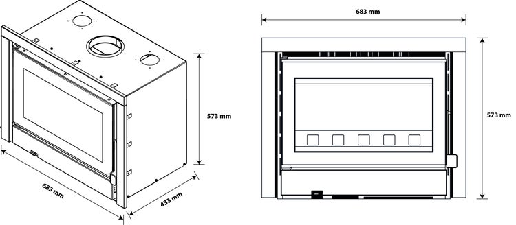 Technische Zeichnung eines Kamins mit den Maßen 683 mm Breite, 573 mm Höhe und 433 mm Tiefe