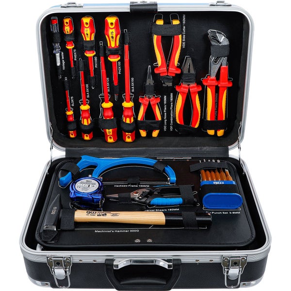 Werkzeugkoffer mit Schraubendrehern, Zangen, Hammer, Säge und Messwerkzeug