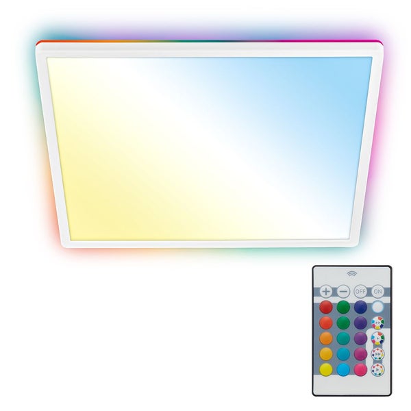 Rechteckiges LED-Panel mit RGB-Backlight und einstellbarer Farbtemperatur, inklusive Fernbedienung mit Farbtasten.