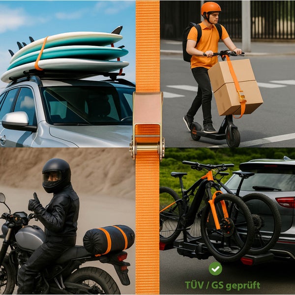 Mehrfachansicht eines Spanngurts in verschiedenen Anwendungsszenarien: auf einem Autodach mit Surfbrettern, an einem Motorrad, zum Sichern von Paketen auf einem Roller und zur Befestigung von Fahrrädern an einem Auto