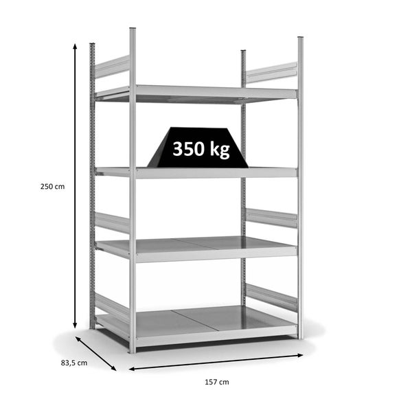 PROREGAL Weitspannregal Stecksystem T-Profil Grundregal HxBxT 250x150x80 cm 4 Ebenen Stahlplatten Fachboden Fachlast 350 kg Verzinkt