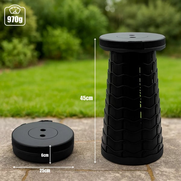 Verstellbarer, schwarzer Klapphocker mit den Maßen 45 mal 25 Zentimeter und einem Gewicht von 970 Gramm.