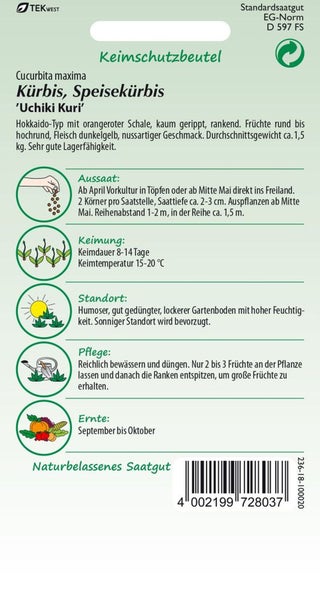 Kürbis Uchiki Kuri Saatgutpackung mit Informationen zu Aussaat, Keimung, Standort, Pflege und Ernte