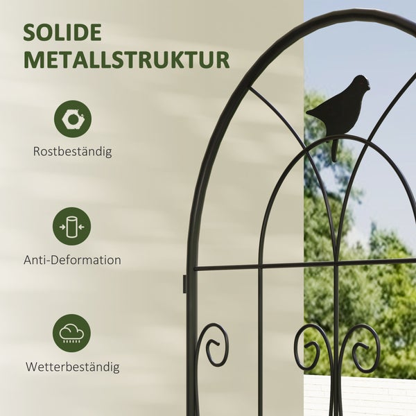Detail eines Gartenbogens aus Metall mit Vogel-Ornament. Rostbeständig, formstabil und wetterbeständig.