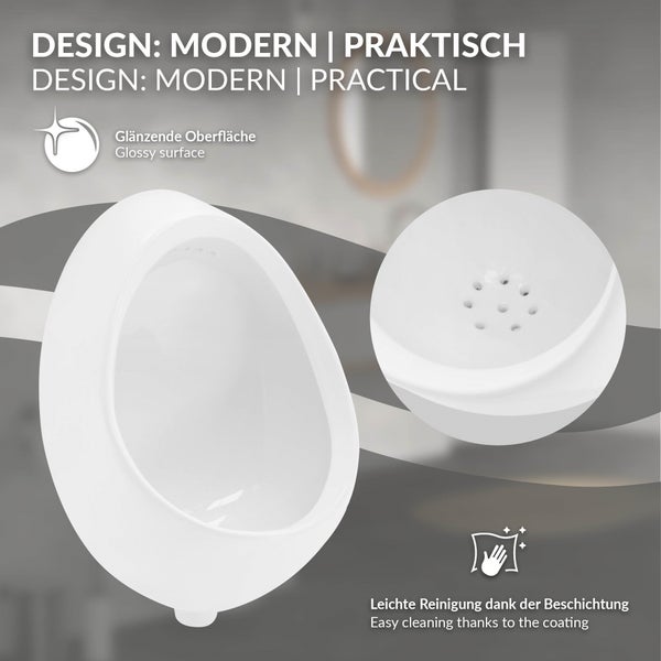 ECD Germany Urinal Weiß Zulauf von hinten, Hochwertige Keramik Pinkelbecken, Modernes Design Pissoir, 35x46x30 cm, oval, Spülrand geschlossen, Senkrechter Ablauf, WC-Urinal Absaugeurinal Urinalbecken