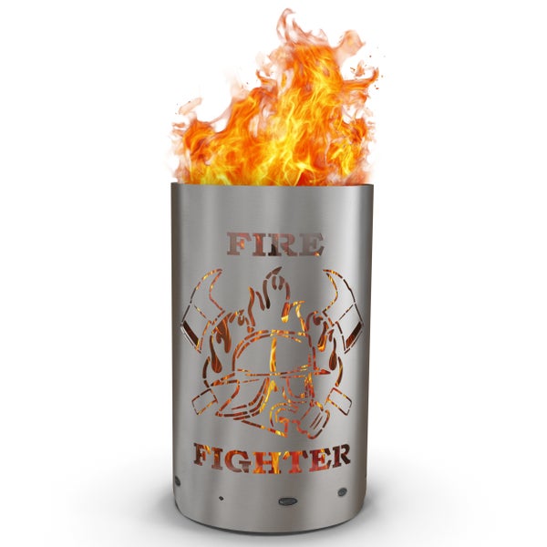 Feuerstelle mit Feuerwehrmann-Motiv und Flammen