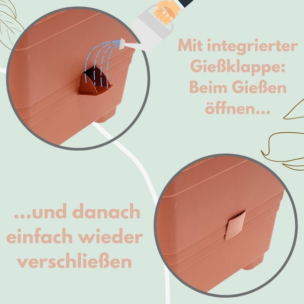 Regenwassertank mit integrierter Gießklappe wird mit einer Gießkanne befüllt.