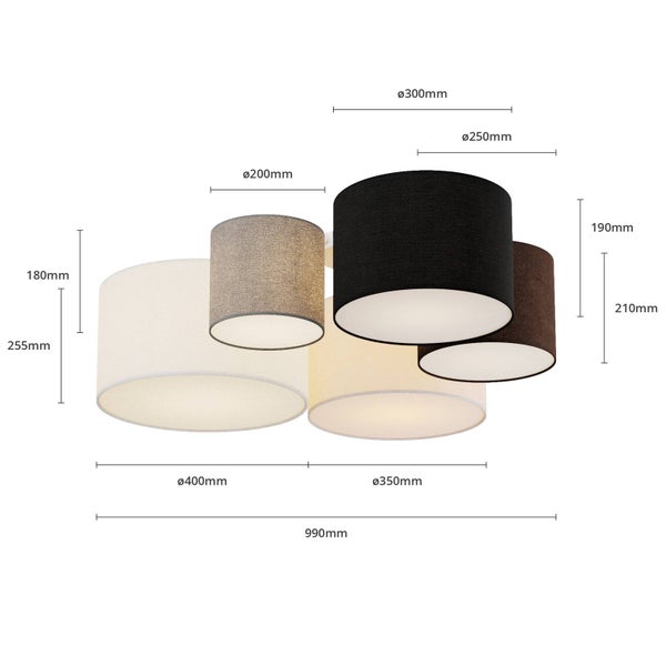 Lindby Stoff Deckenlampe grau, braun schwarz beige weiß 5 Schirme Ø 20 25 30 35 40 cm 5x E27 max. 60W ohne Leuchtmittel Textil Deckenleuchte