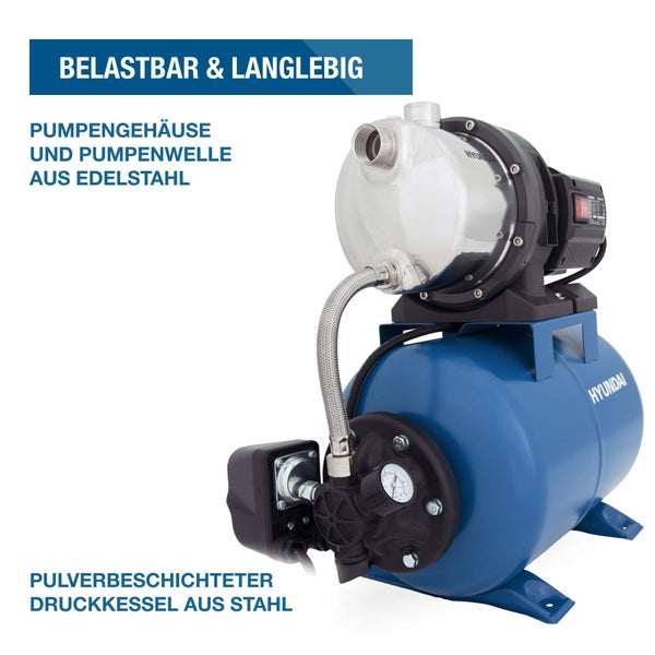 Hyundai Hauswasserwerk mit Edelstahl-Pumpengehäuse und pulverbeschichtetem Stahldruckkessel.
