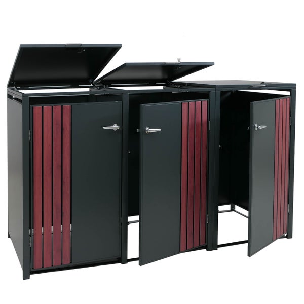 Mülltonnenbox für drei Mülltonnen mit jeweils einer Tür und einem Deckel