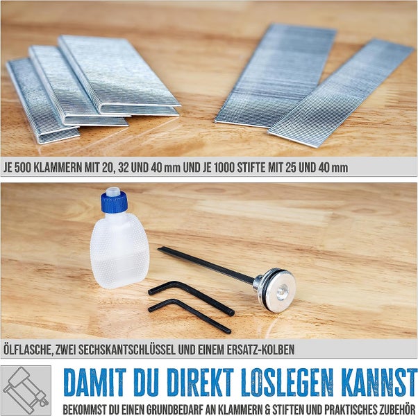 Klammern in 20, 32 und 40 Millimeter, Stifte in 25 und 40 Millimeter, Ölflasche, zwei Sechskantschlüssel und ein Ersatzkolben.