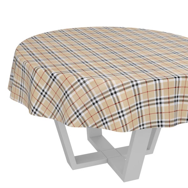 Runde Tischdecke mit Karomuster in Beige, Schwarz, Weiß und Rot.