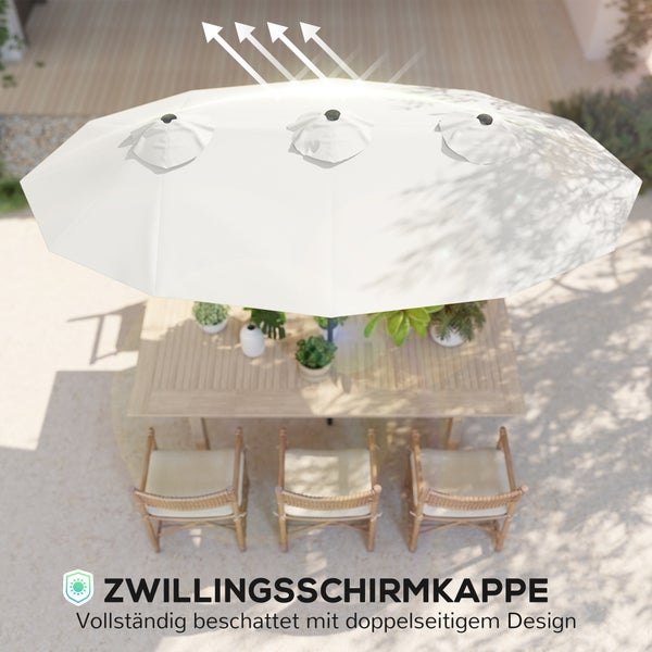 Großer ovaler Doppel-Gartenschirm mit drei Belüftungskappen über Holztisch und Stühlen auf einer Terrasse, Symbol für Ultraviolett-Schutz.