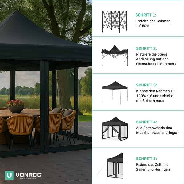 VONROC Pavillon 3x3m wasserdicht stabil - Partyzelt EasyUp System [3Min Aufbau] Popup Faltpavillon modular erweiterbar als Festival Zelt, Gartenpavillon