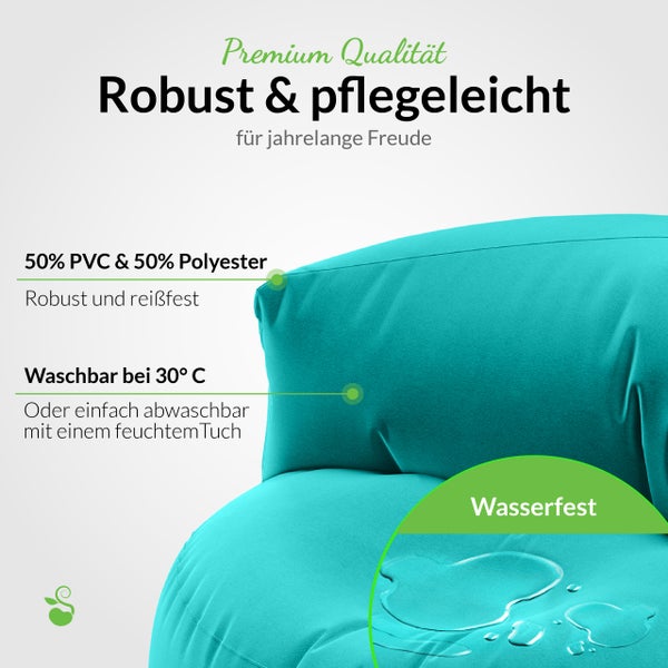 Produktinformationen: robust, pflegeleicht, wasserfest, waschbar bei 30 Grad, 50 Prozent PVC und 50 Prozent Polyester