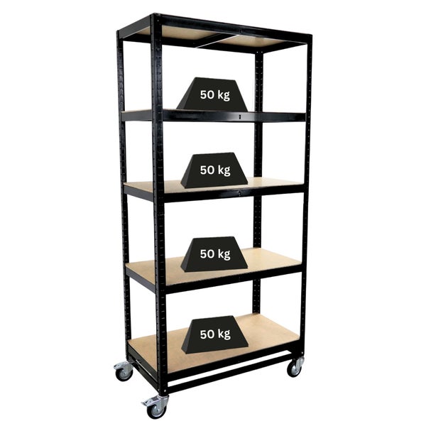 PROREGAL Kommissionierwagen | HxBxT 192x90x50cm | 5 Ebenen | Fachlast 50kg | 2x Lenkrollen & 2x Lenkrollen mit Feststellbremse | Schwarz | Fahrbares Kommissionierregal, Regal auf Rollen, Regalwagen