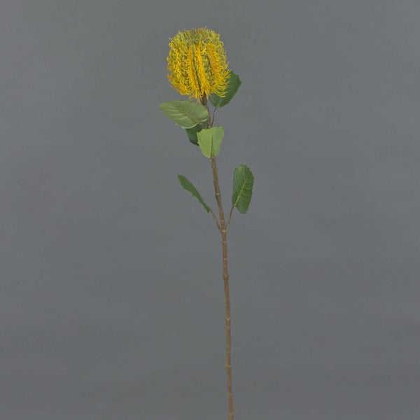 Künstliche rosafarbene Rose mit einer Blüte, Knospen und grünem Stiel mit Blättern.