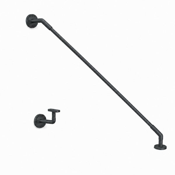 Handlauf aus schwarzem Metall zur Wandmontage inklusive Halterungen.