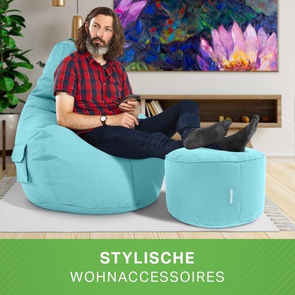 Green Bean 2er Set Sitzsack + Hocker - fertig befüllt - robust waschbar schmutzabweisend - Kinder & Erwachsene Bean Bag Bodenkissen Lounge Sitzhocker Relax-Sessel Gamer Gamingstuhl Pouf - Aquamarin