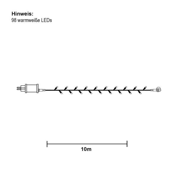 Darstellung einer 10 Meter langen Lichterkette mit 98 warmweißen LEDs.