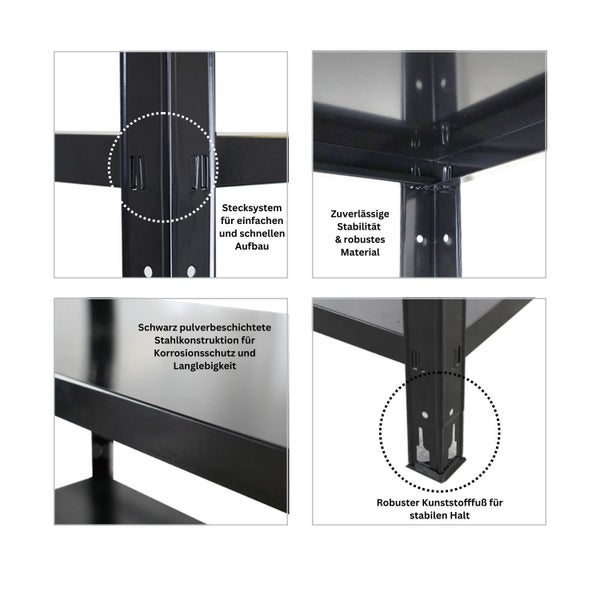 Detailansicht eines schwarzen Regals mit Stecksystem, stabiler Stahlkonstruktion und robusten Kunststofffüßen