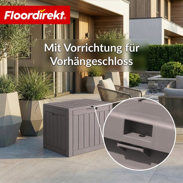 Aufbewahrungsbox aus Kunststoff mit Vorrichtung für Vorhängeschloss im Garten