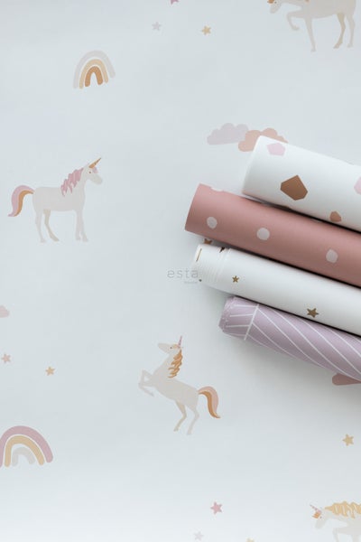 Tapetenrollen mit Einhorn-, Stern- und Punktemuster