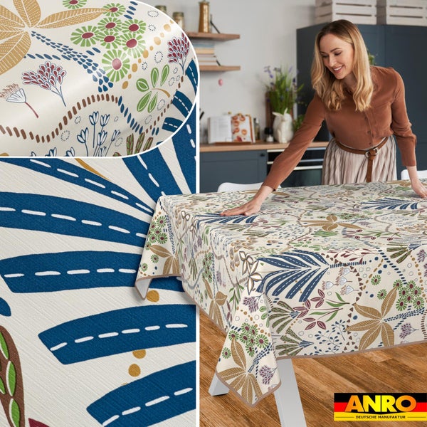 Abwaschbare Wachstuch-Tischdecke mit floralem Muster in einer hellen Küche, Detailansicht des Musters und ANRO Logo.