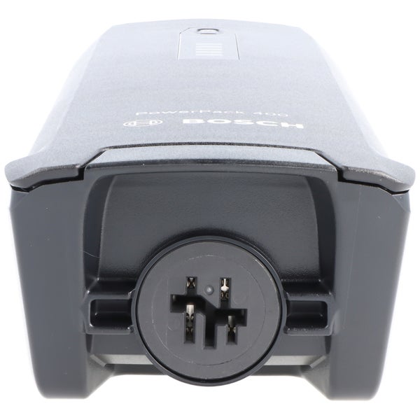 Bosch PowerPack 400 Akku, Ansicht der Anschlussbuchse und des Gehäuses mit Bosch Logo.