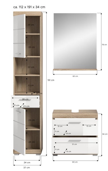 Badezimmermöbel Set mit Maßen in Zentimetern bestehend aus Hochschrank, Spiegel und Waschbeckenunterschrank in Holzoptik und Weiß.