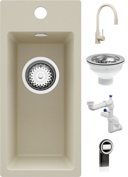 Einbauspüle aus Granitverbundstoff mit Küchenarmatur, Ablaufgarnitur, Siphon und Überlauf.
