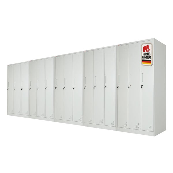 Mehrteilige Garderobenspinde aus Metall, fertig montiert geliefert, mit abschließbaren Türen und Belüftungsschlitzen.